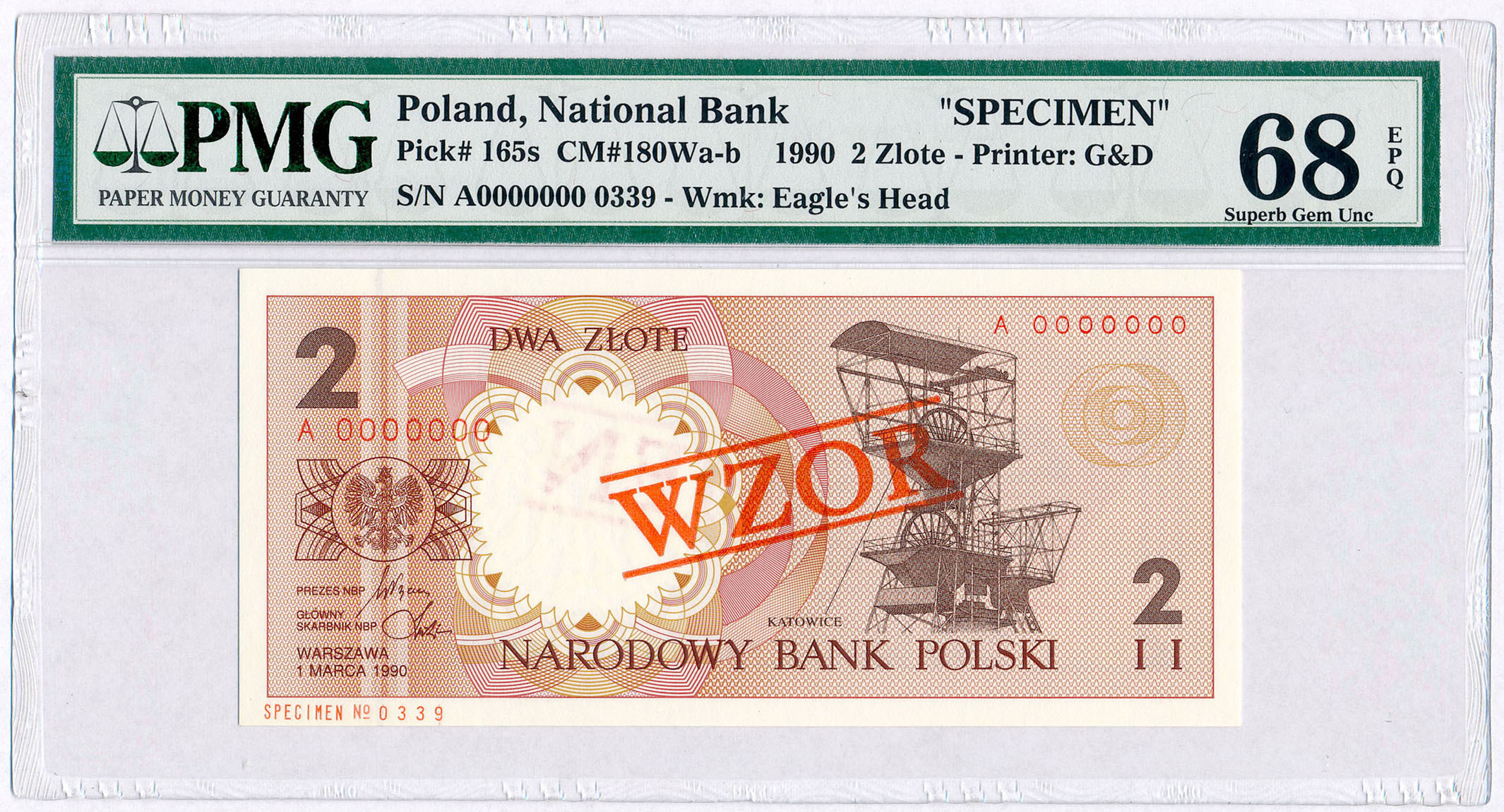 WZÓR/SPECIMEN 2 złote 1990 seria A PMG 68 EPQ